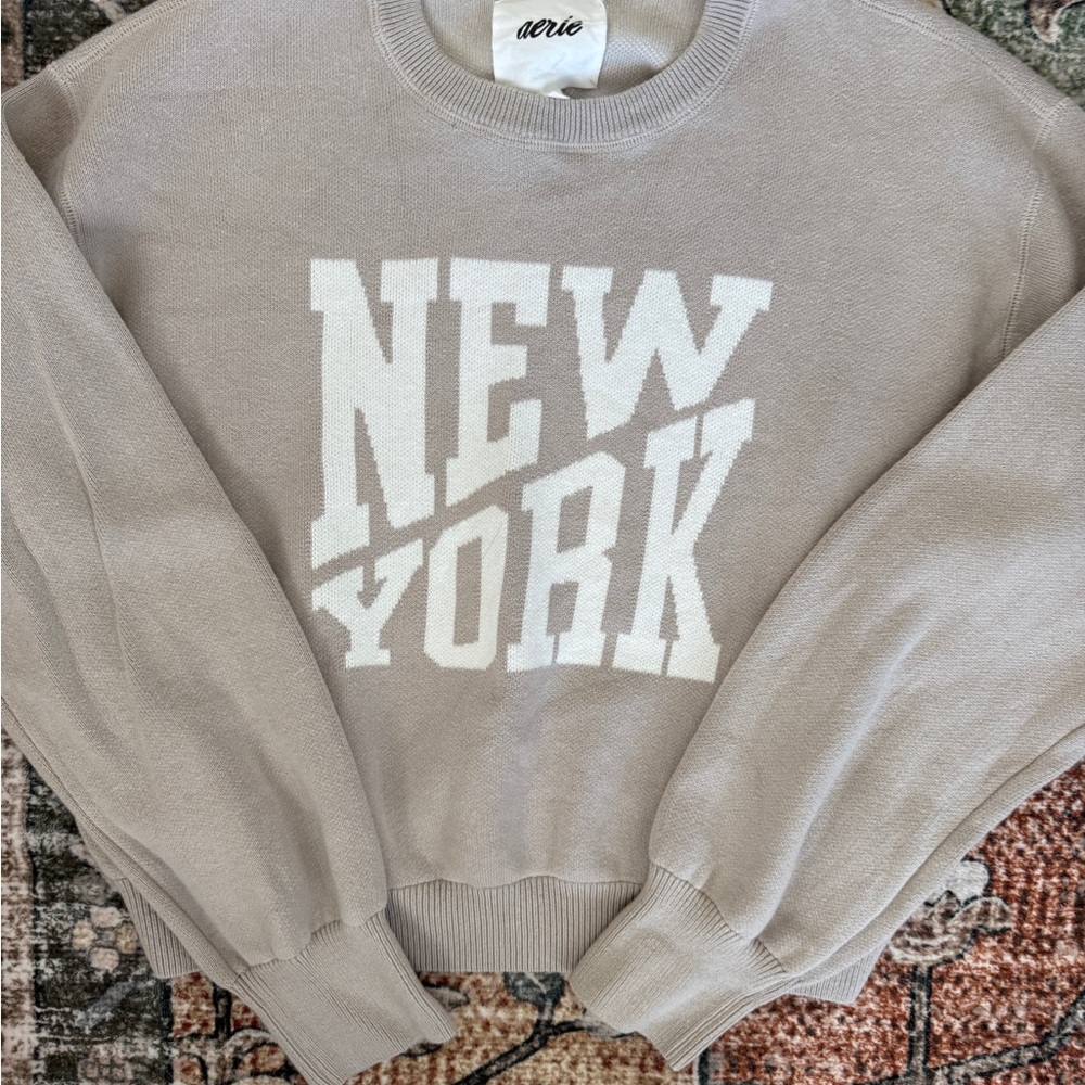 Aerie New York Crewneck Sweatshirt Size M Beige Neutral Cozy Graphic Pullover - Picture 2 of 3